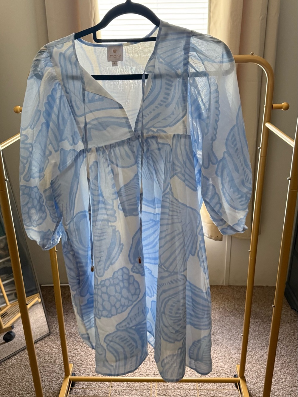 Sheer Light Blue Printed Mini Dress with Tie Front